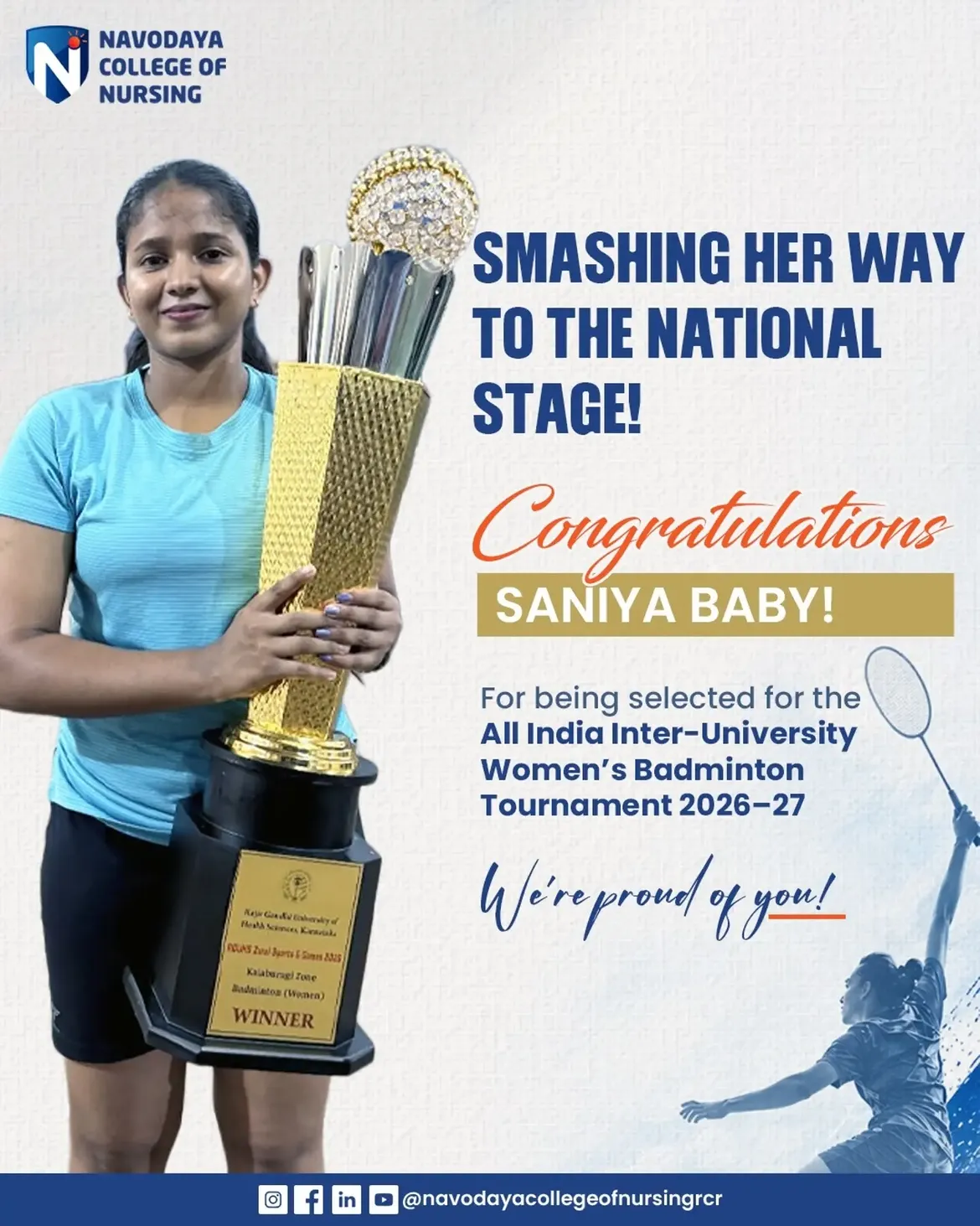 Saniya Baby Earns Place in All India Inter-University Women’s Badminton Tournament 2026–27